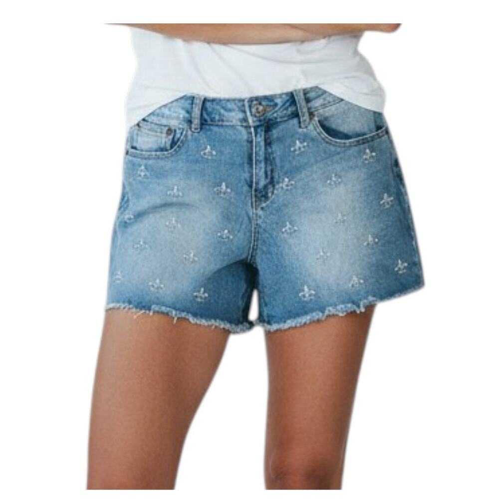 Earl Fleur De Lis Denim Shorts Women 12 Embroidered Blue Jean Cutoff Stretch